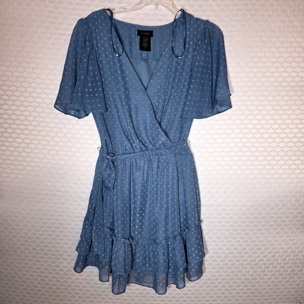 B. Smart Blue Swiss Dot Ruffle Wrap Mini Dress Juniors Size 9